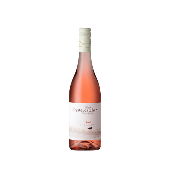 Tall, slim clear bottle of Black Oystercatcher Rosé with a minimalist label, showcasing the pale salmon-pink wine inside.