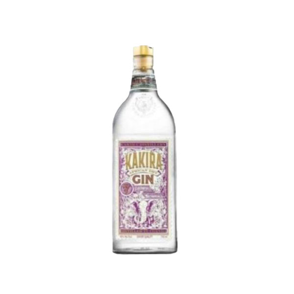 Clear, elegant Kakira African Dry Gin bottle with tall shoulders, silver-and-black label, and crystal-clear spirit visible through glass.