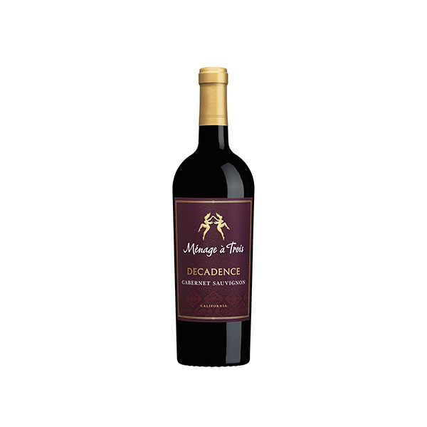 Classic Bordeaux-style bottle with a dark label reading “Decadence,” showing deep red wine visible through clear glass with a rich ruby hue.
