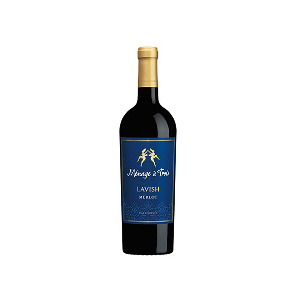 Classic Bordeaux-style bottle of Ménage à Trois Lavish Merlot with deep ruby wine visible through clear glass and a dark label.